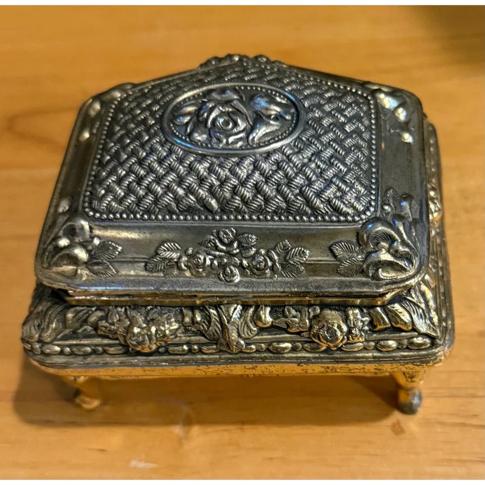 Vintage Small Jewelry Box Gold Tone Floral Footed Trinket Box Made in Japan